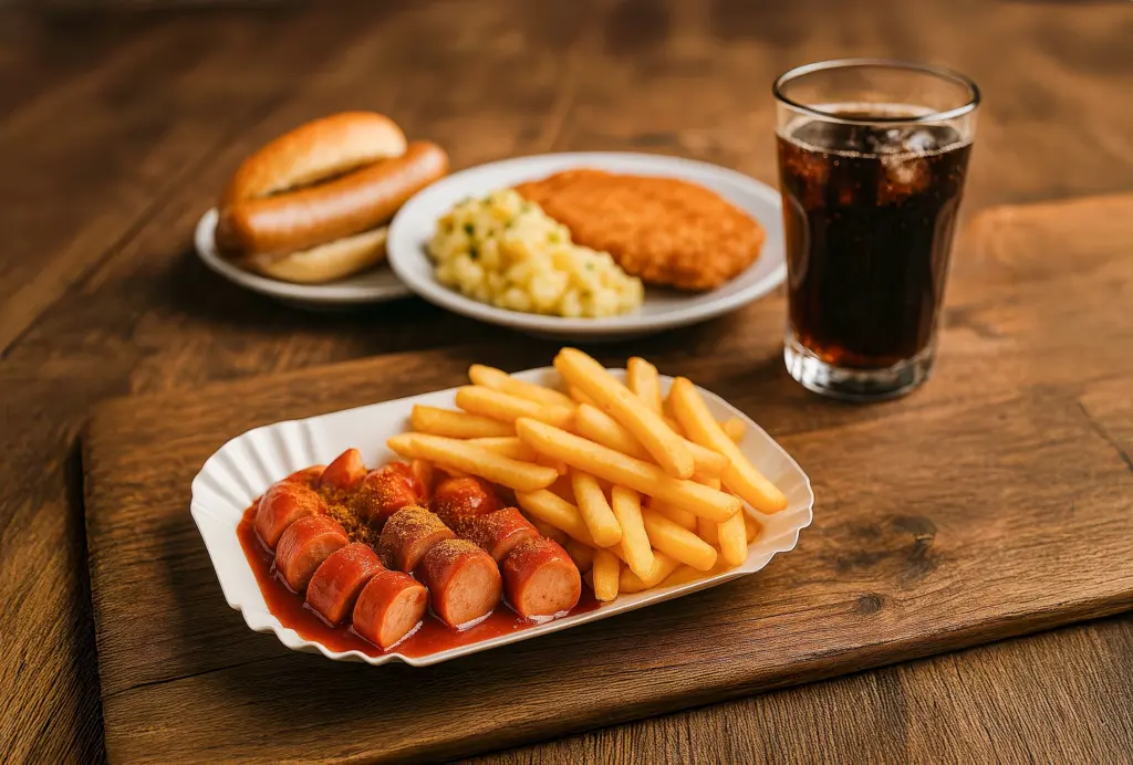 Currywurst, Pommes und Cola auf einem Tisch serviert. (Symbolbild per KI erstellt)