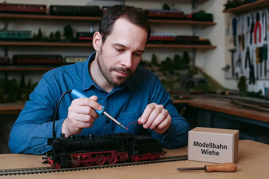 Bild eines Technikers, der eine Modelleisenbahn repariert.
