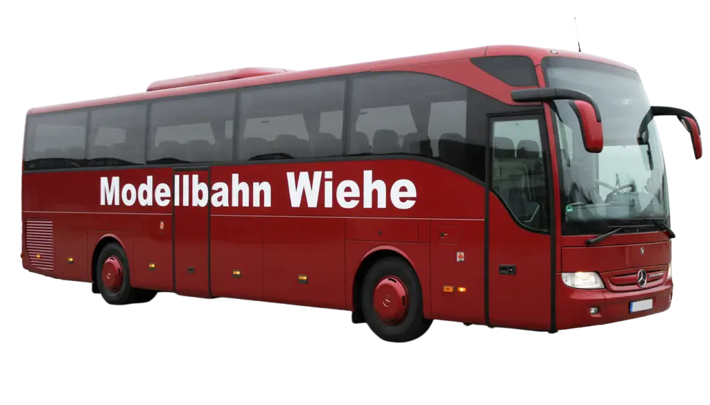 Fotos eines freigestellten Reisebusses in rot mit der Aufschrift Modellbahn Wiehe (Symbolbild per KI erstellt)